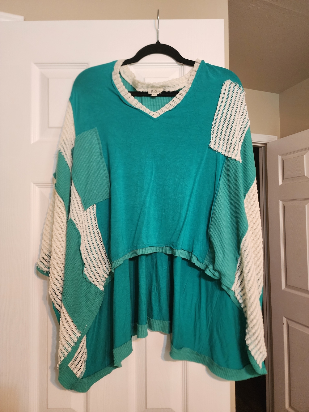 POL Teal Top with Cream Crochet Trim